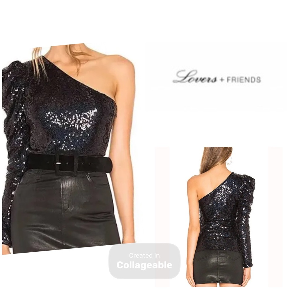 ‼️WOW‼️Lovers + Friends Black Sequin One-Shoulder Puff sleeve Blouse‼️NWT